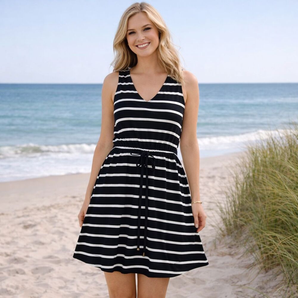 Loft Striped Sleeveless V-Neck Shirt Dress Drawstring Waist Women's Large Black